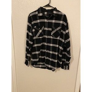 Kenneth Cole Slim Fit Flannel Shirt Men’s L Black White Plaid Long Sleeve UB221